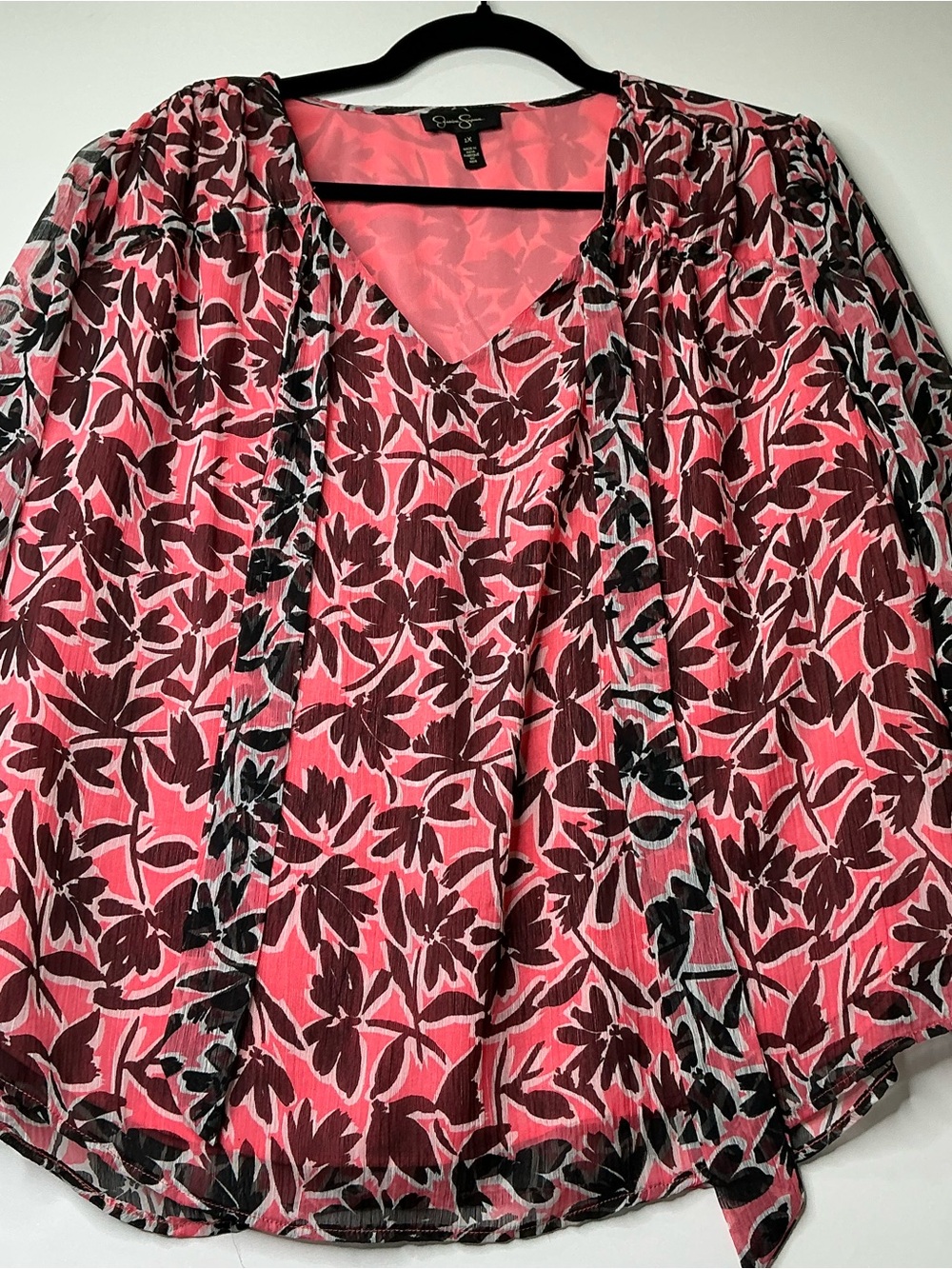 Women's Jessica Simpson Pink and Black Long Sleeve Floral Shirt with Tie